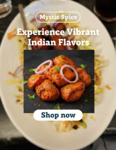 An appetizing image showcasing vibrant and spicy Indian cuisine with a decorative garnish, highlighting the culinary delights at Mystic Spice in Charlotte.