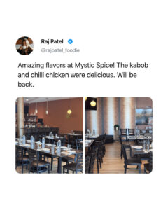 Dining area of Mystic Spice, an Indian restaurant in Charlotte, featuring neatly arranged tables, elegant decor, and ambient lighting.