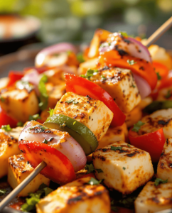 Indulge in Paneer Tikka: marinated paneer cubes grilled with peppers and onions for a flavorful, smoky delight.